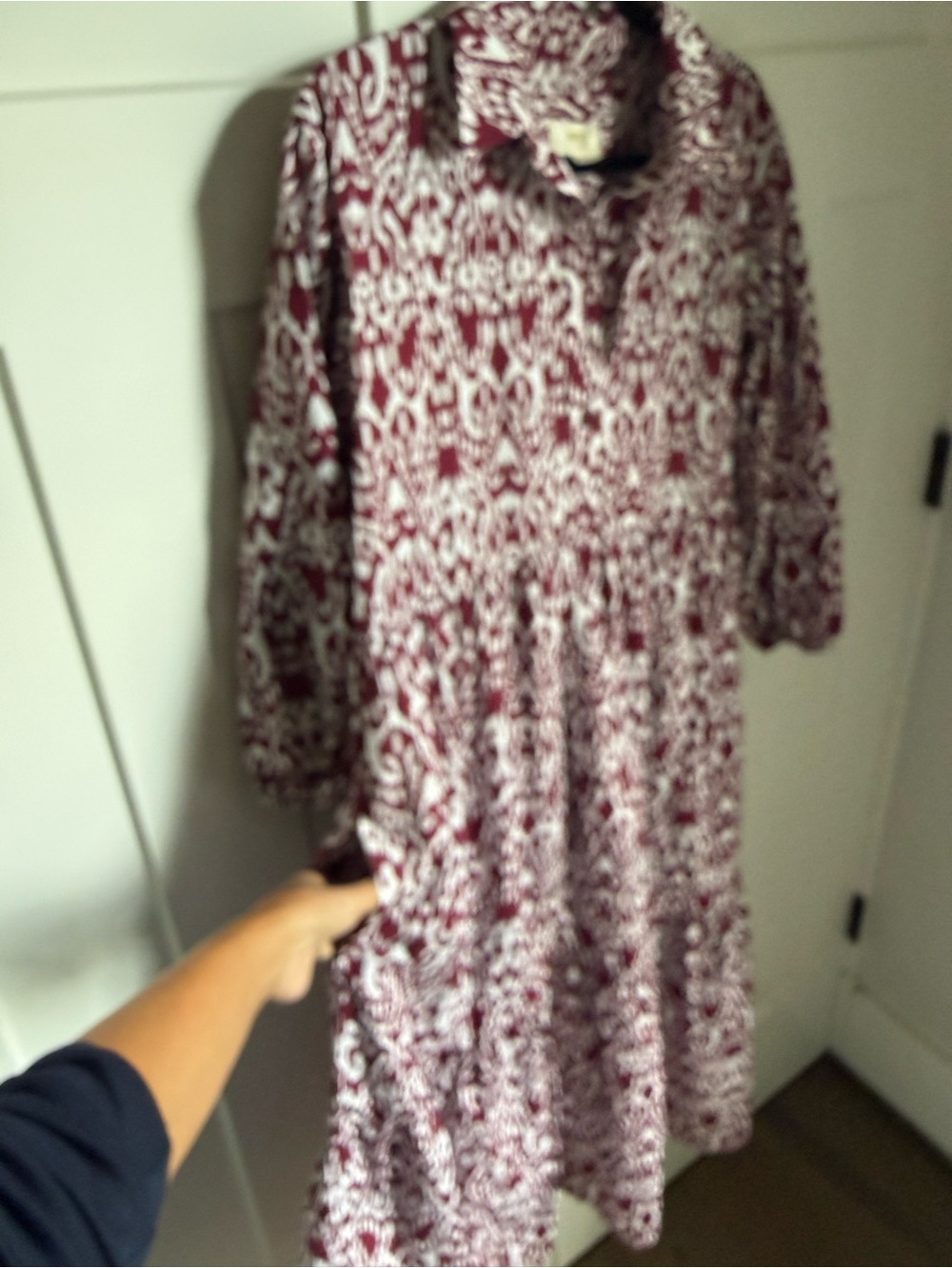 Maeve Bettina Tiered Shirt Dress from Anthropologie in a burgundy ikat print.S. - Picture 8 of 11